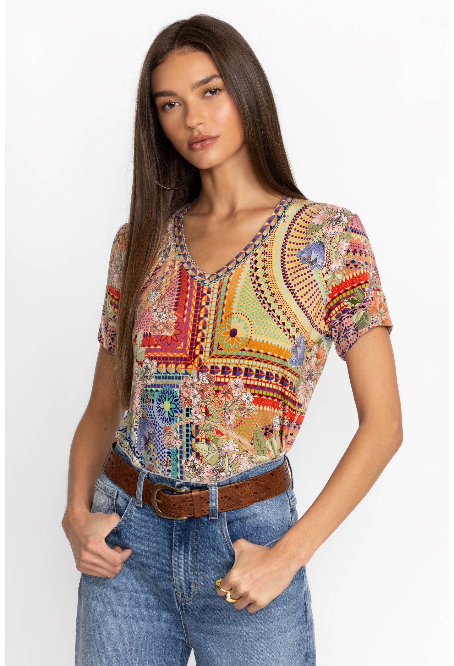 The Jaine Favorite Short Sleeve V-Neck Tee by Johnny Was in Mosaic