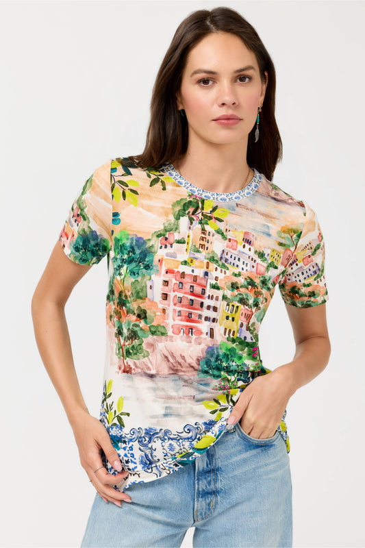 The Janie Favorite Short Sleeve Crew Neck Tee by Johnny Was in Olympe Scarf