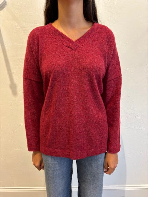 Brushed V-Neck Side Slit Top by Nally & Millie in Wine