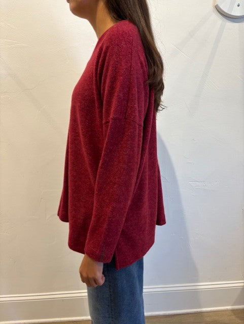 Brushed V-Neck Side Slit Top by Nally & Millie in Wine