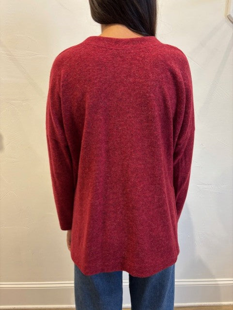 Brushed V-Neck Side Slit Top by Nally & Millie in Wine