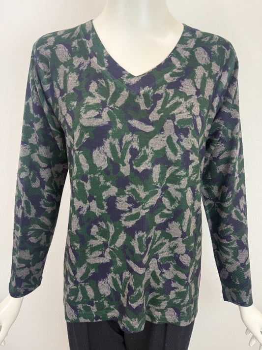 Abstract Floral V-Neck Long Sleeve Top by Nally & Millie in Green & Navy