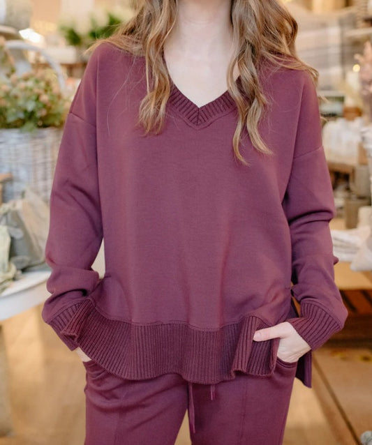 Vixie Soft Knit Sweater Rib Long Sleeve V-neck Top W/ Side Slits by Rd Style in Prune