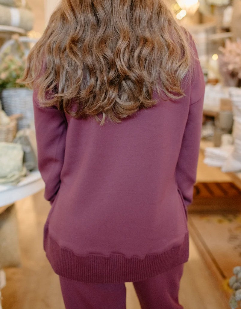 Vixie Soft Knit Sweater Rib Long Sleeve V-neck Top W/ Side Slits by Rd Style in Prune