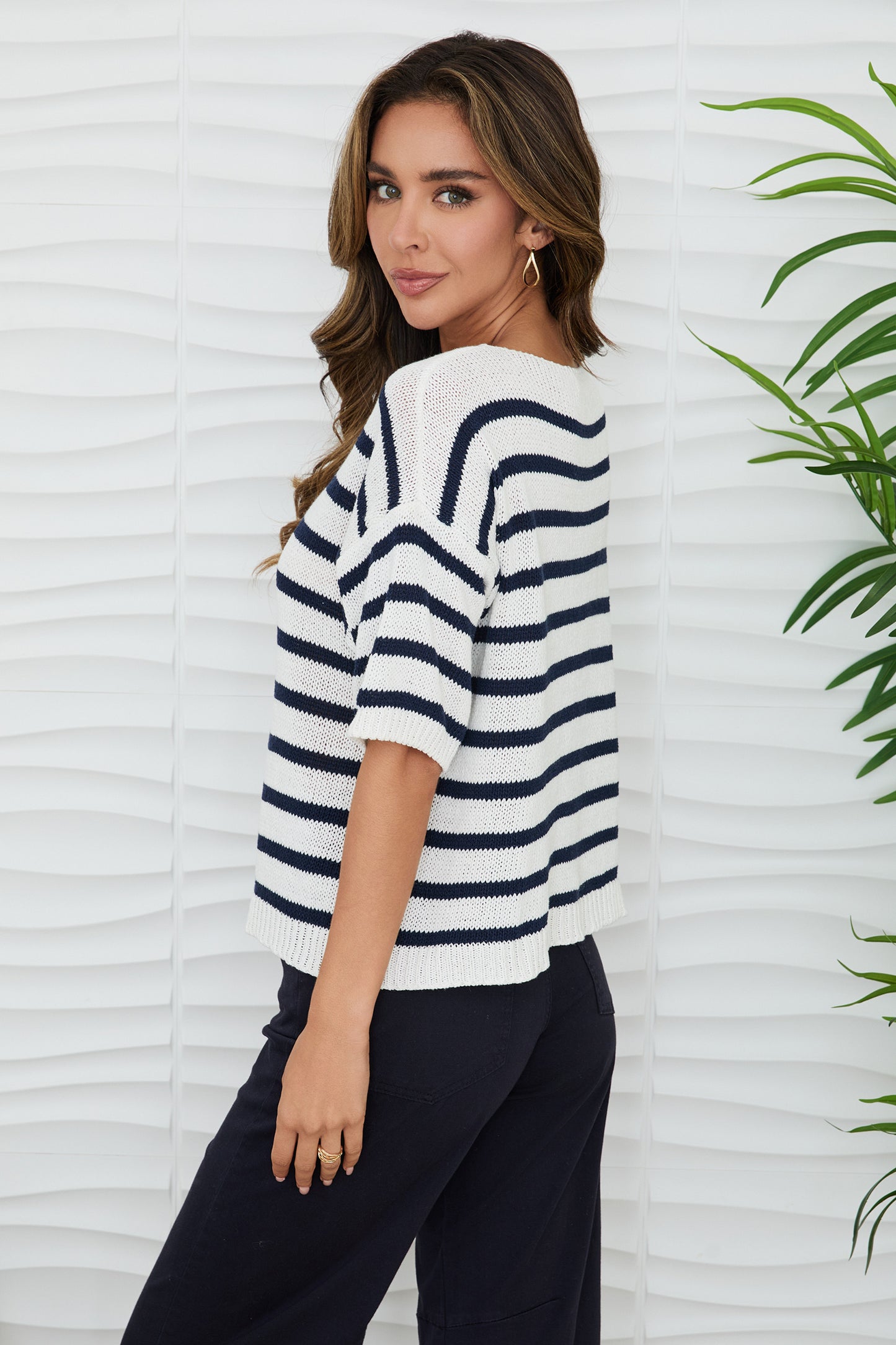 Striped Crochet Knit Sweater by Milio Milano in White/Navy
