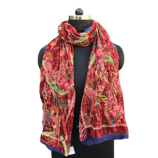 Enchanted Garden Velvet Scarf by Vismaya Scarves in Maroon