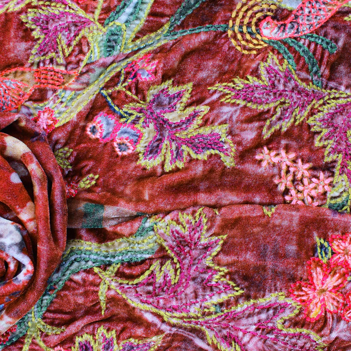 Enchanted Garden Velvet Scarf by Vismaya Scarves in Maroon