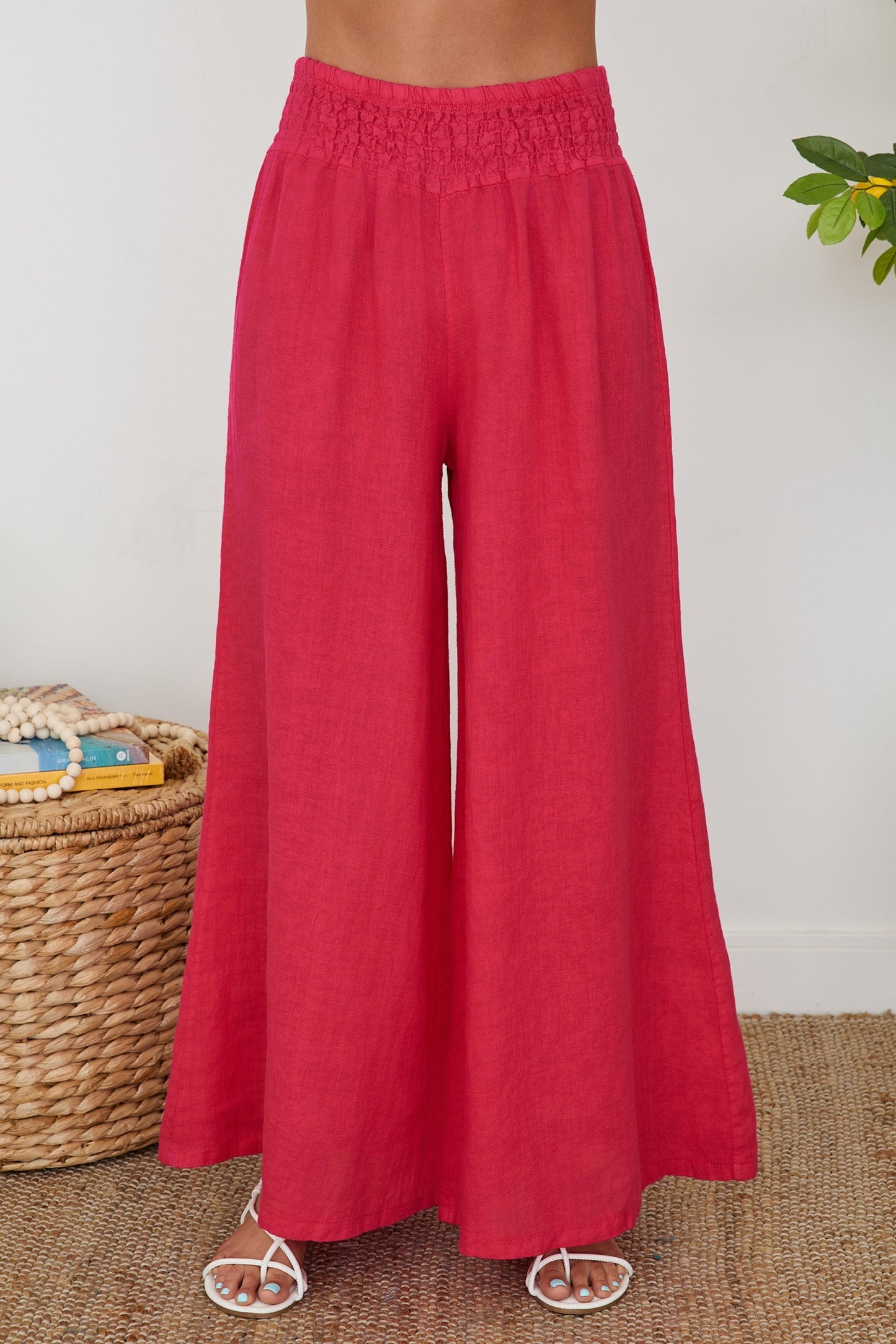 Linen Smocked Waist Palazzo Pants by Milio Milano in Raspberry
