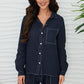 Linen Long Sleeve Button Down Top w/Edge Stitch Detail by Milio Milano in Navy/White