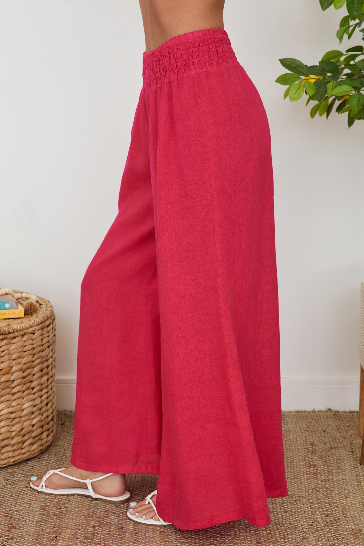Linen Smocked Waist Palazzo Pants by Milio Milano in Raspberry