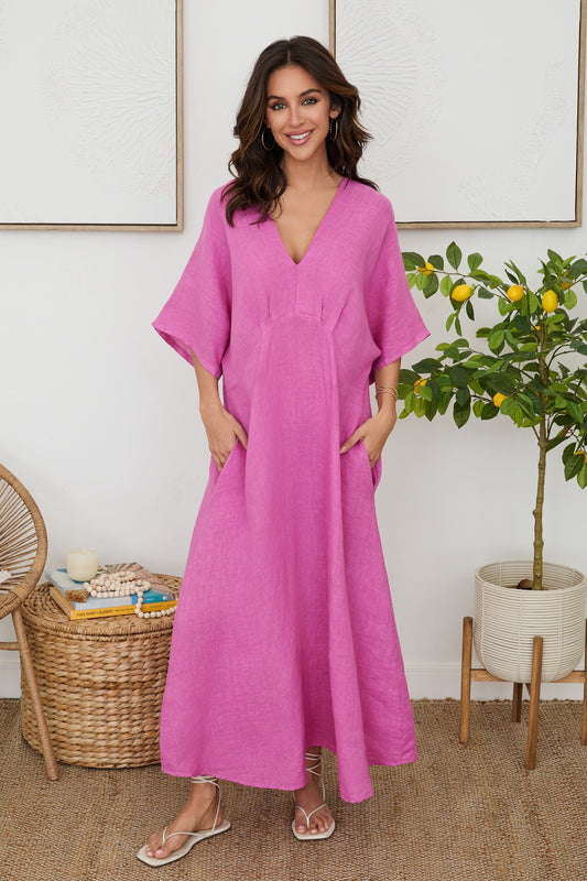 Solid Linen V-Neck Dolman Maxi Dress by Milio Milano in Orchid