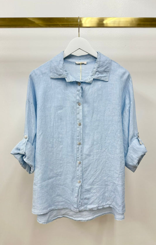 Linen Roll-Tab Sleeve Blouse by Milio Milano in Sky Blue