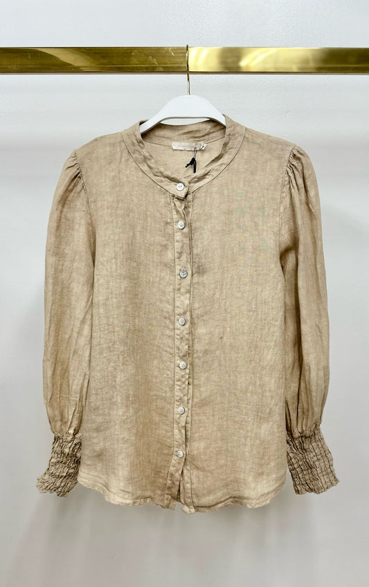 Stand Collar Button Down Shirt w/Smoked Cuffs by Milio Milano in Earth Beige