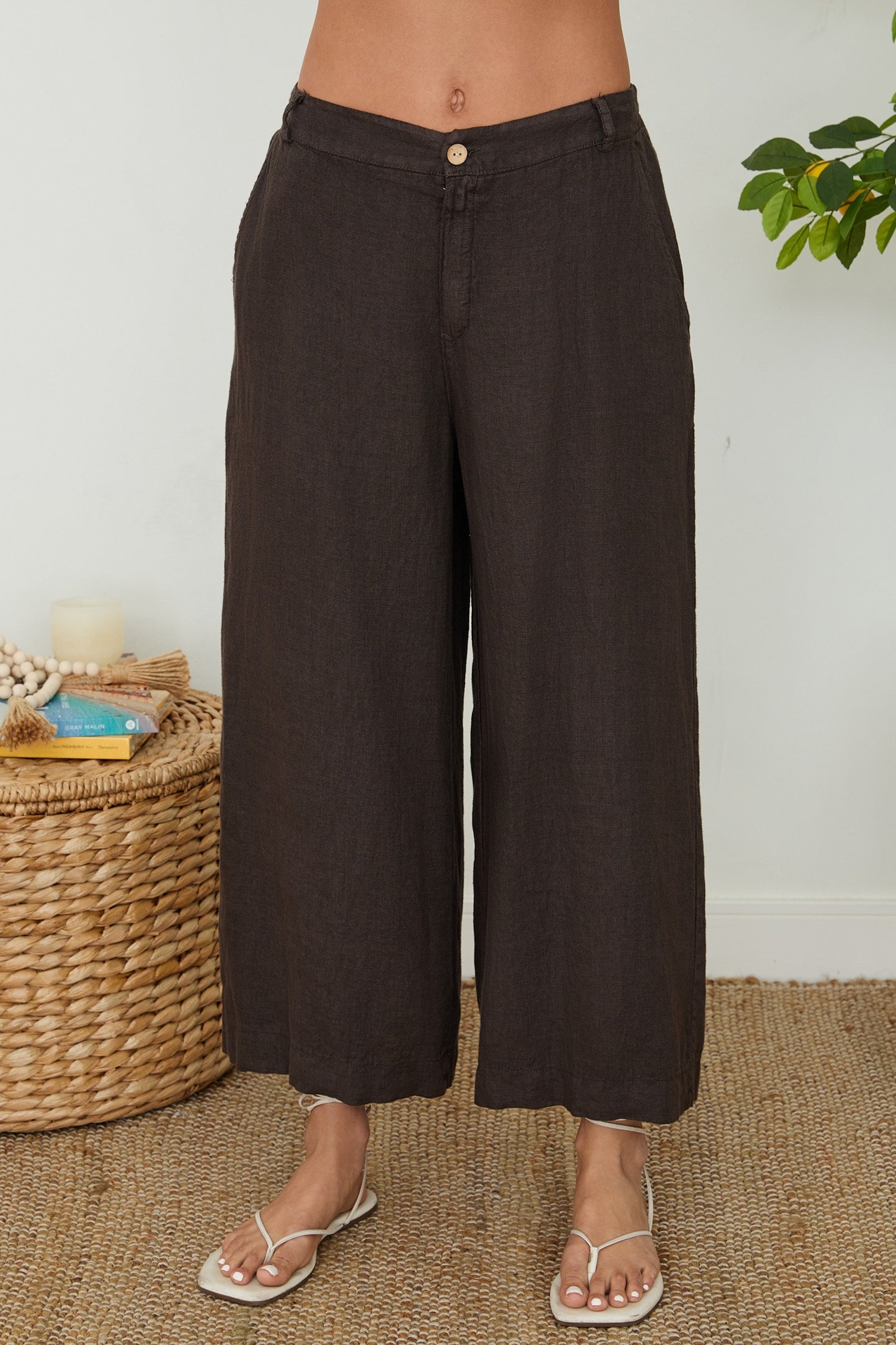 Wide Leg Linen Gaucho Pants by Milio Milano in Chocolate Brown