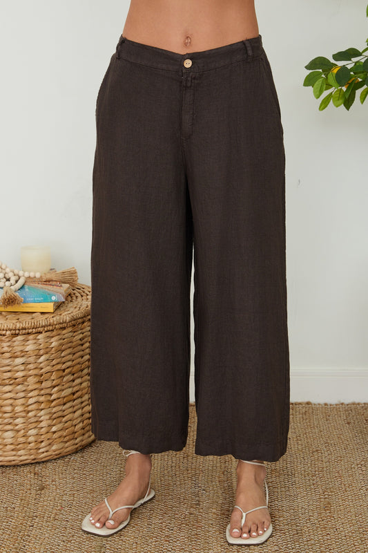 Wide Leg Linen Gaucho Pants by Milio Milano in Chocolate Brown