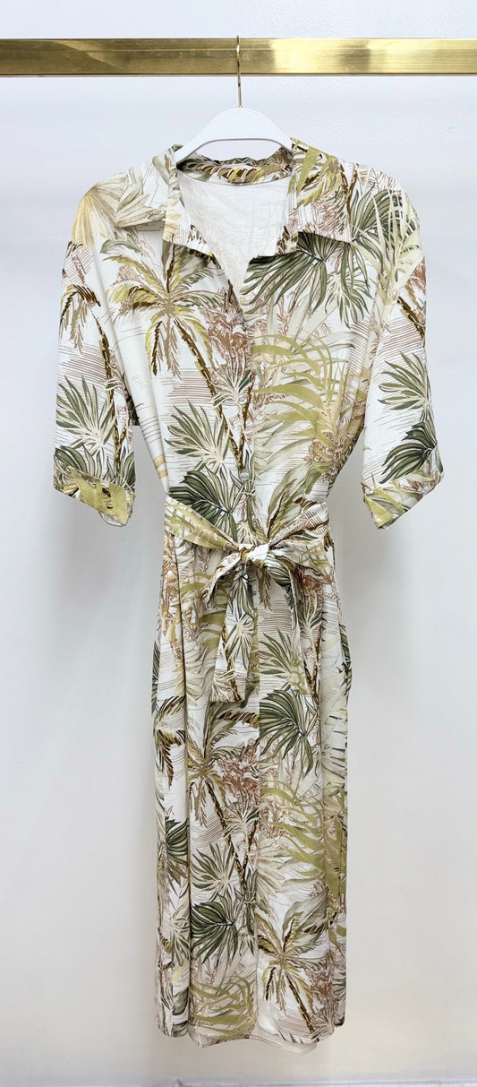 Fan Palm Print Button Down Dress by Milio Milano in Green