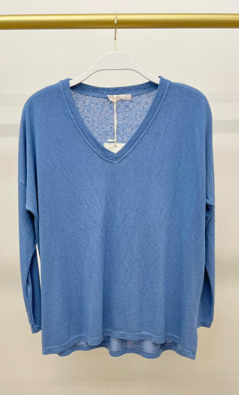 V-Neck Drop Shoulder Long Sleeve Tee by Milio Milano in Denim Blue