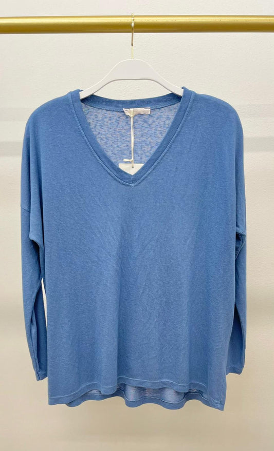 V-Neck Drop Shoulder Long Sleeve Tee by Milio Milano in Denim Blue