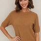 Chevron Crew Neck Short Sleeve Knit Top by Milio Milano in Camel