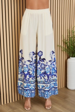 Floral Damask Wide Leg Viscose Pants by Milio Milano in Ivory/Blue