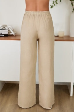 Linen Flat Front Elastic Waist Wide Leg Pant by Milio Milano in Earth Beige