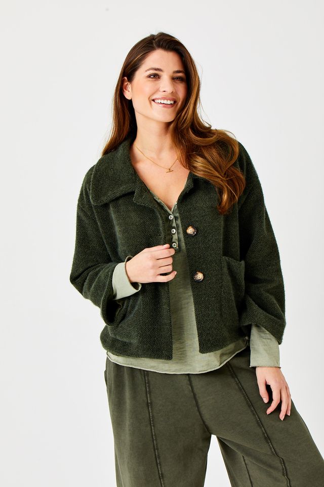 Noah Soft Fluffy Jacket w/Front Pockets by Suzy D London in Olive