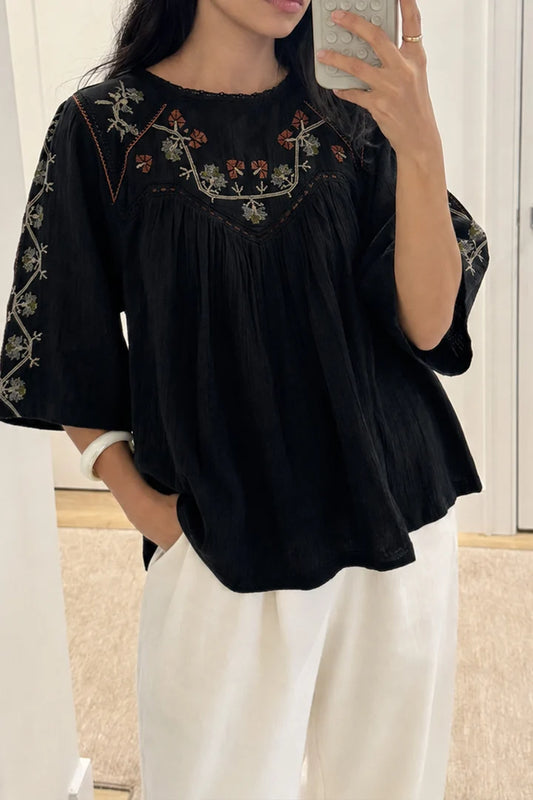 Embroidered Yolk Blouse by Indi & Cold in Black