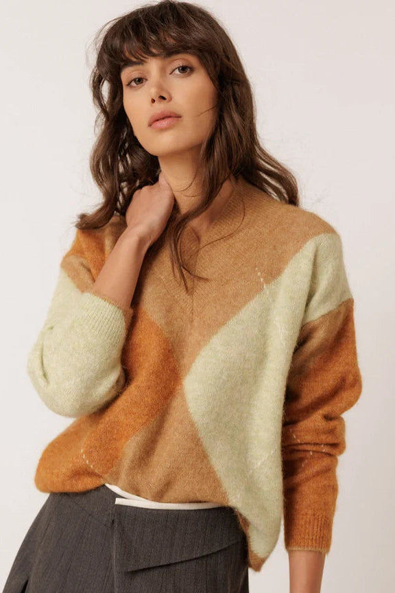 Alpaca Maxi Diamond Intarsia Sweater by Indi & Cold in Camel
