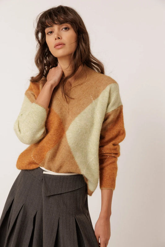 Alpaca Maxi Diamond Intarsia Sweater by Indi & Cold in Camel