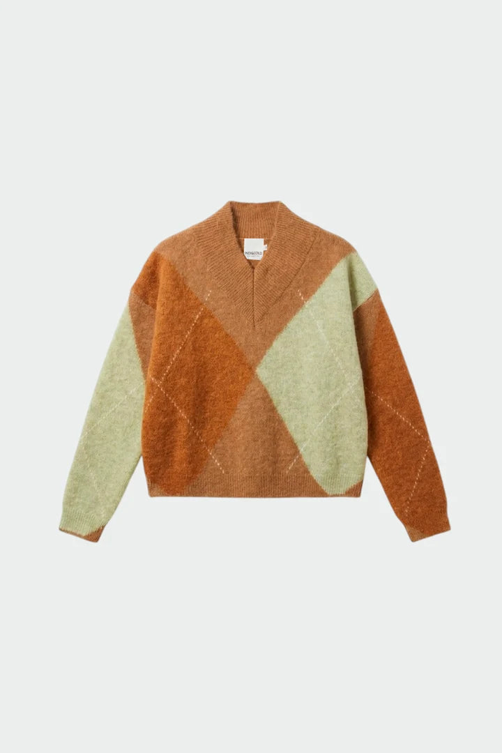 Alpaca Maxi Diamond Intarsia Sweater by Indi & Cold in Camel