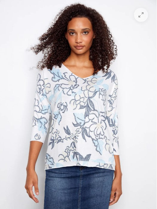 Printed Jersey V-Neck 3/4 Sleeve Top by Charlie B in Windflower