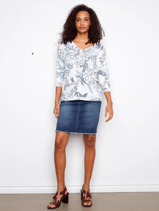 Printed Jersey V-Neck 3/4 Sleeve Top by Charlie B in Windflower