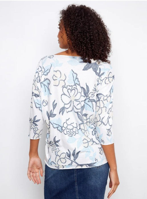 Printed Jersey V-Neck 3/4 Sleeve Top by Charlie B in Windflower