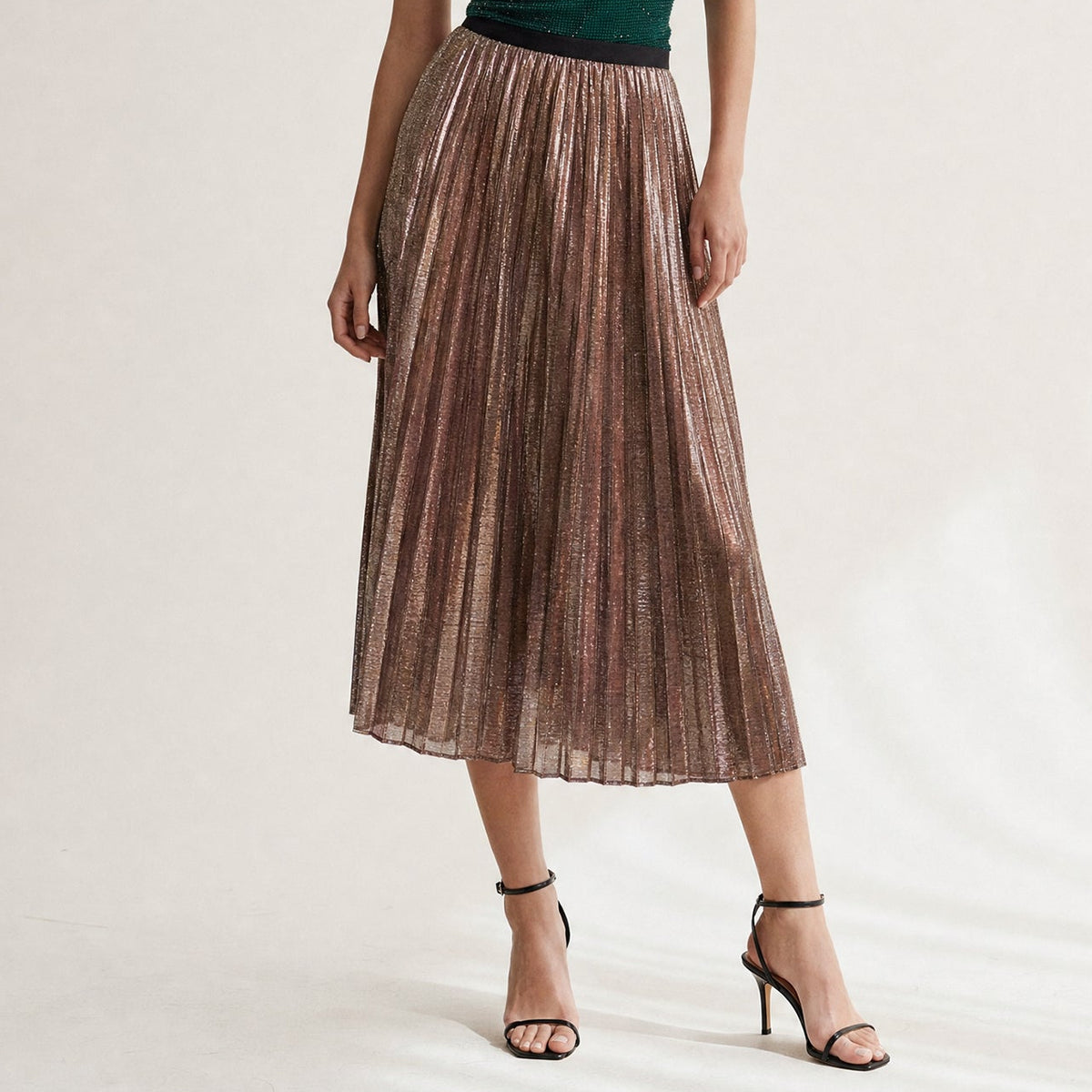 Esther Metallic Midi Skirt by Wild Cosmos in Rose Gold