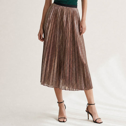 Esther Metallic Midi Skirt by Wild Cosmos in Rose Gold