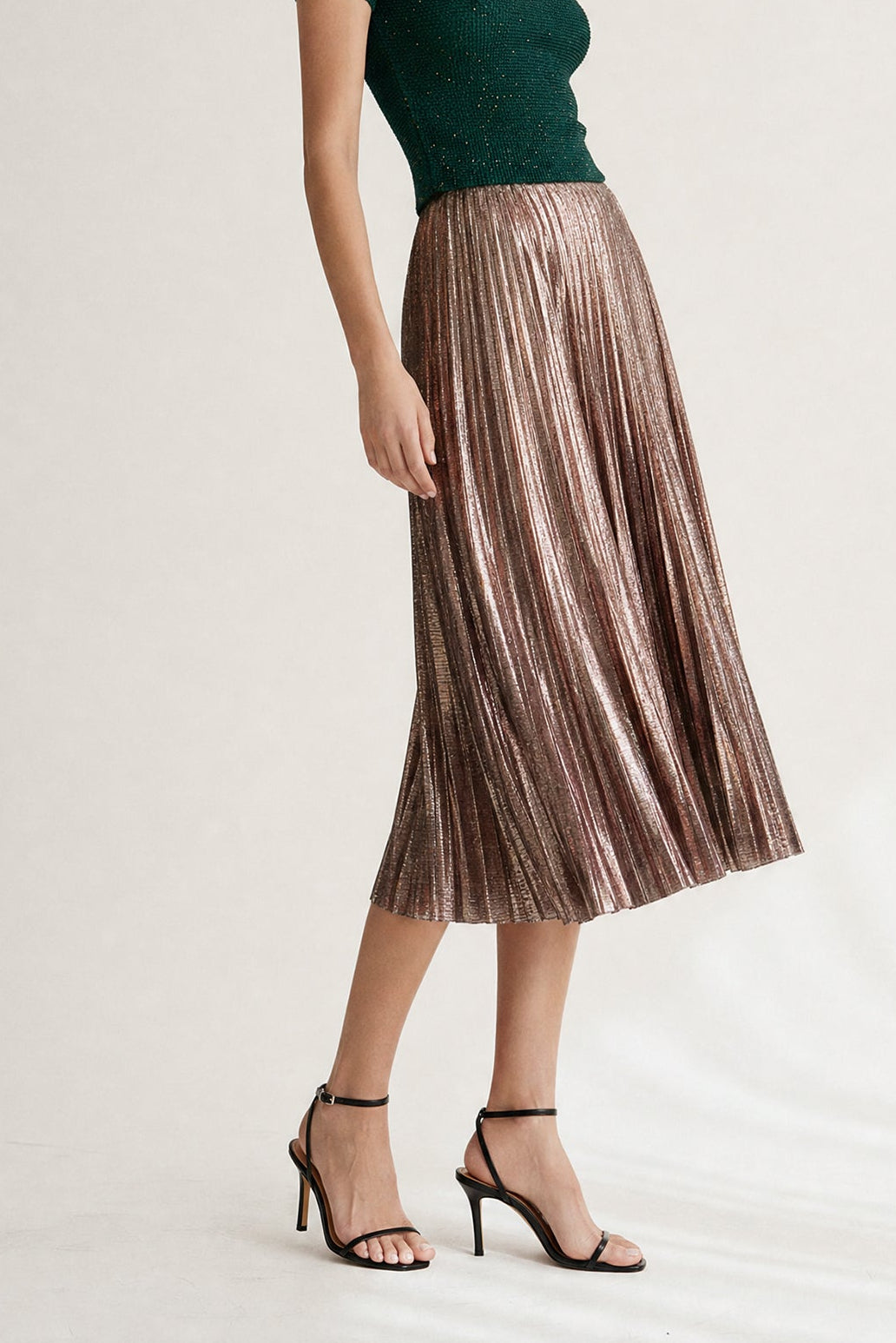 Esther Metallic Midi Skirt by Wild Cosmos in Rose Gold