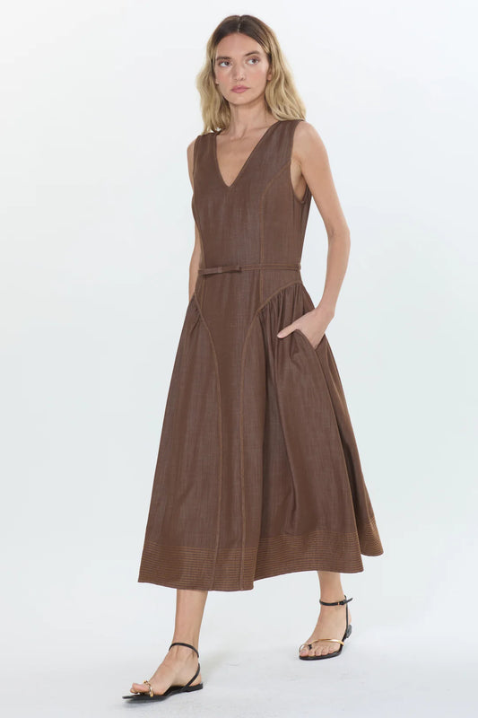 Bruni Topstitched Denim Effect Midi Dress by Ciebon in Brown