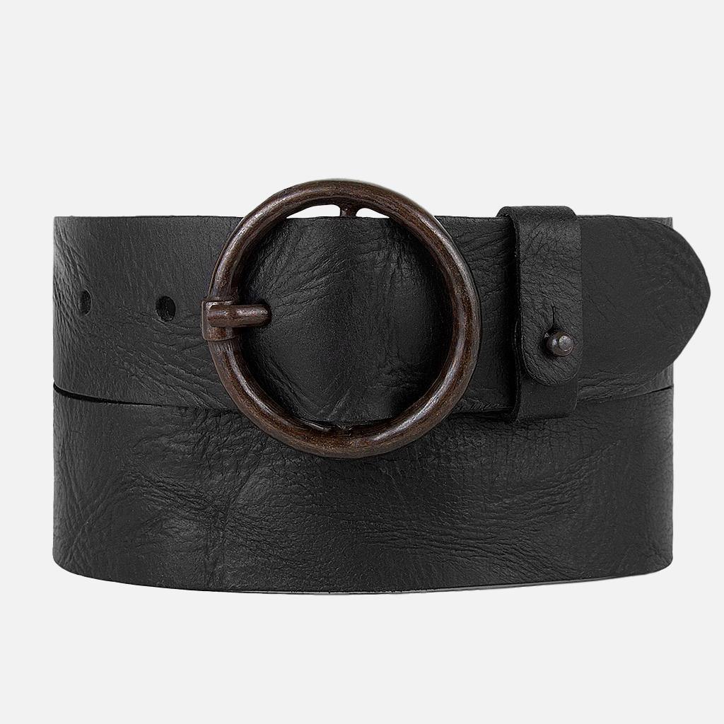 Vintage Round Buckle Leather Belt by Amsterdam Heritage in Black