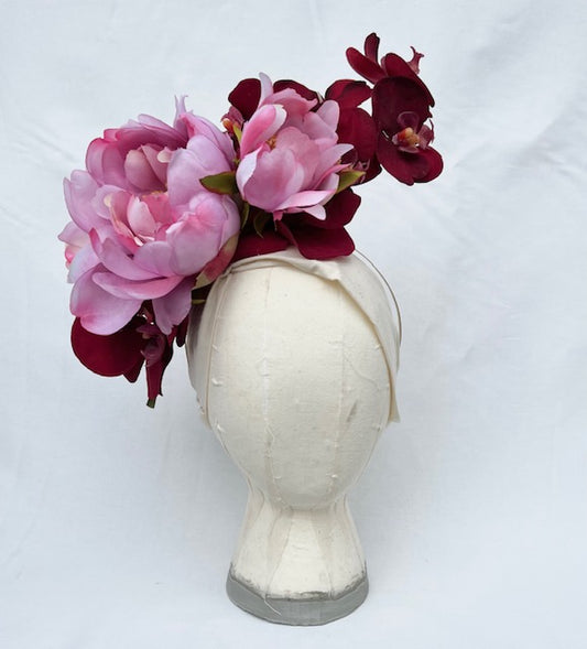 Magenta Peony and Red Orchid Fascinator by Tiffany Woodard
